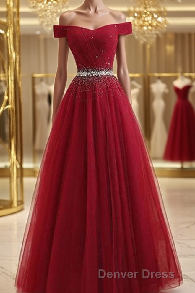 Off Shoulders Red Tulle Floor Length Prom Dresses Main image