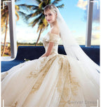 Off The Shoulder Ball Gown Sweetheart Wedding Dress, Long Appliques Bridal Dress