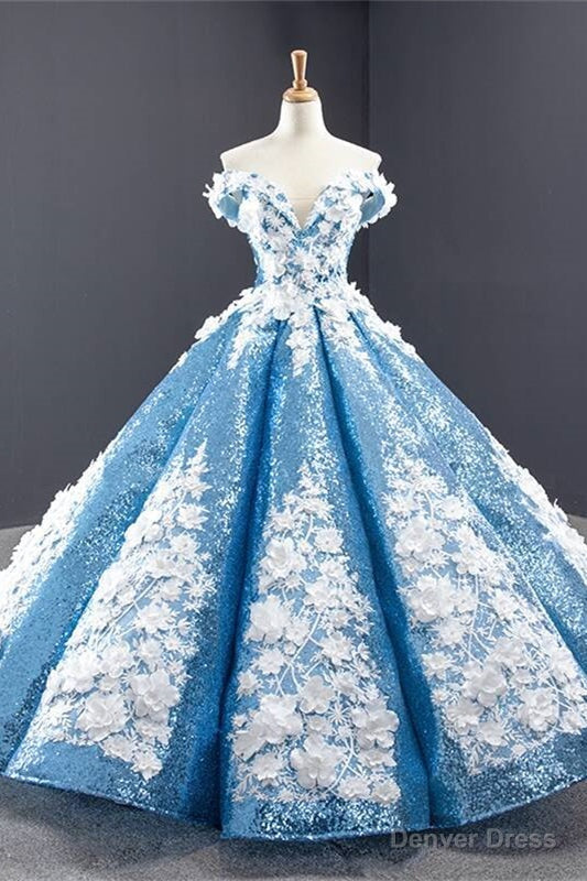 Off the Shoulder Blue and White Ball Gown