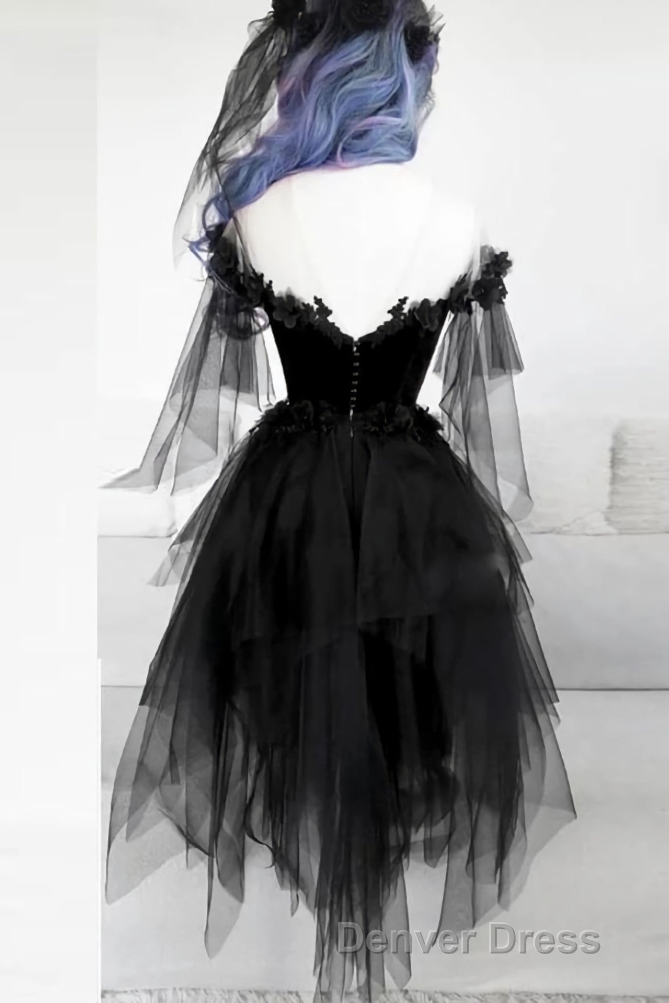 Off Shoulder Lace Applique Black Tulle Short Homecoming Graduation Dresses Main image