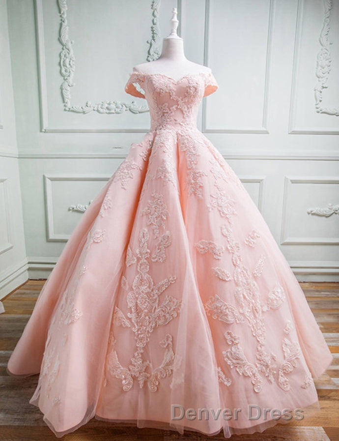 Gorgeous Pink Off The Shoulder Ball Gowns Prom Dresses With Appliques