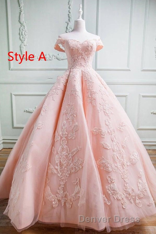 Gorgeous Pink Off The Shoulder Ball Gowns Prom Dresses With Appliques