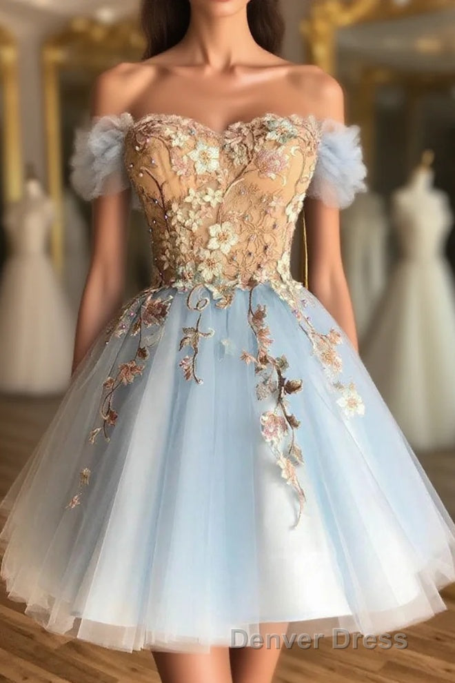 Pretty Lace Up Appliques Short Light Blue Homecoming Dresses
