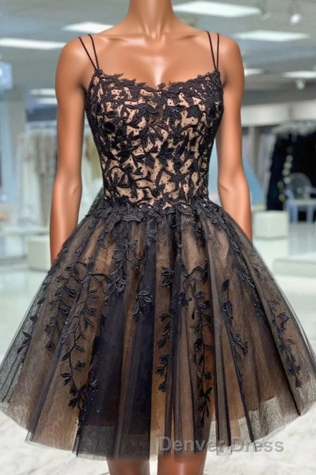 Black Spaghetti Straps Appliques Tulle Short Homecoming Dresses Main image