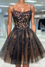 Black Spaghetti Straps Appliques Tulle Short Homecoming Dresses