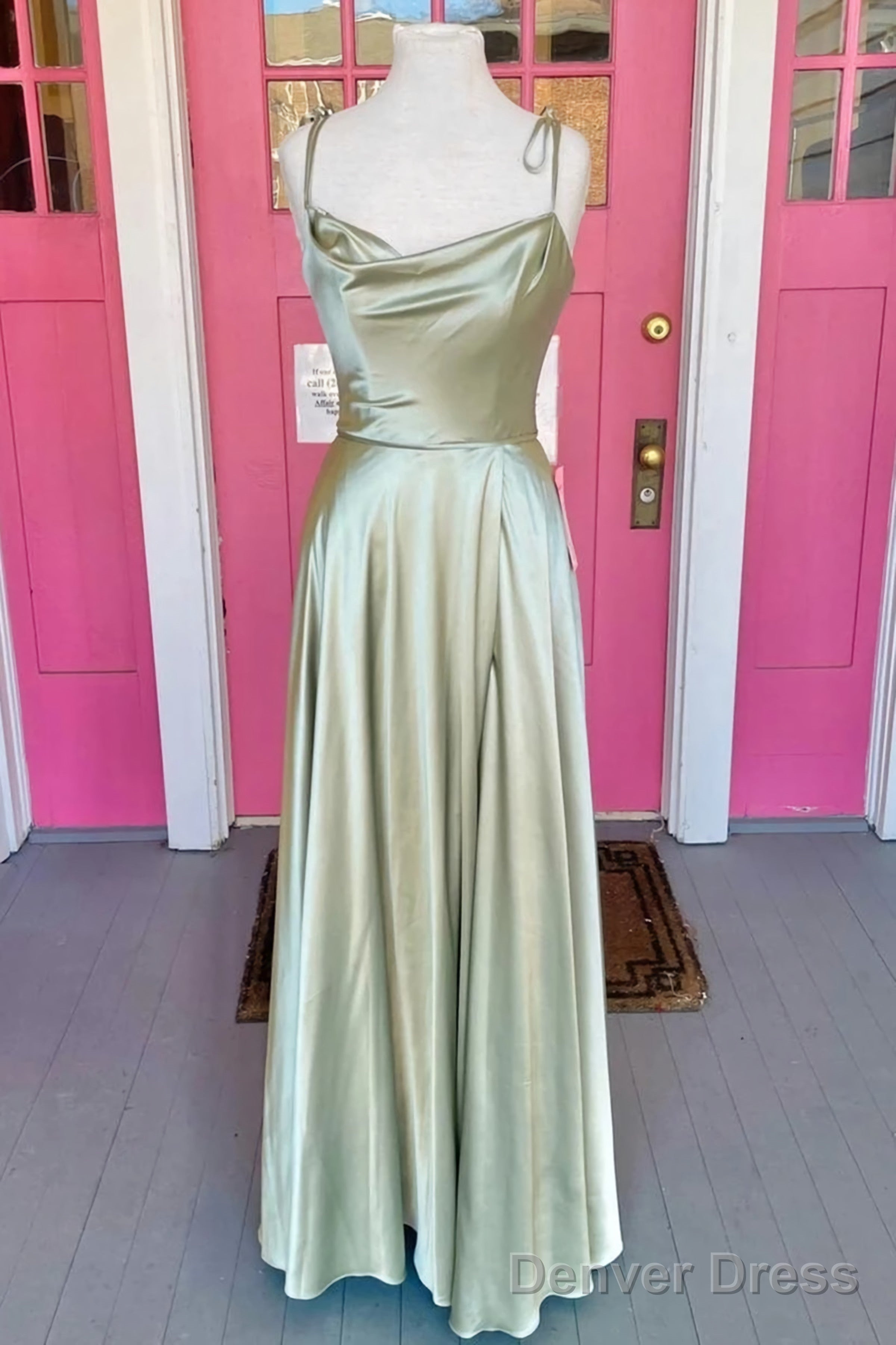 Open Back Sage Satin Long Prom Dress With High Slit Long Sage Prom Dresses