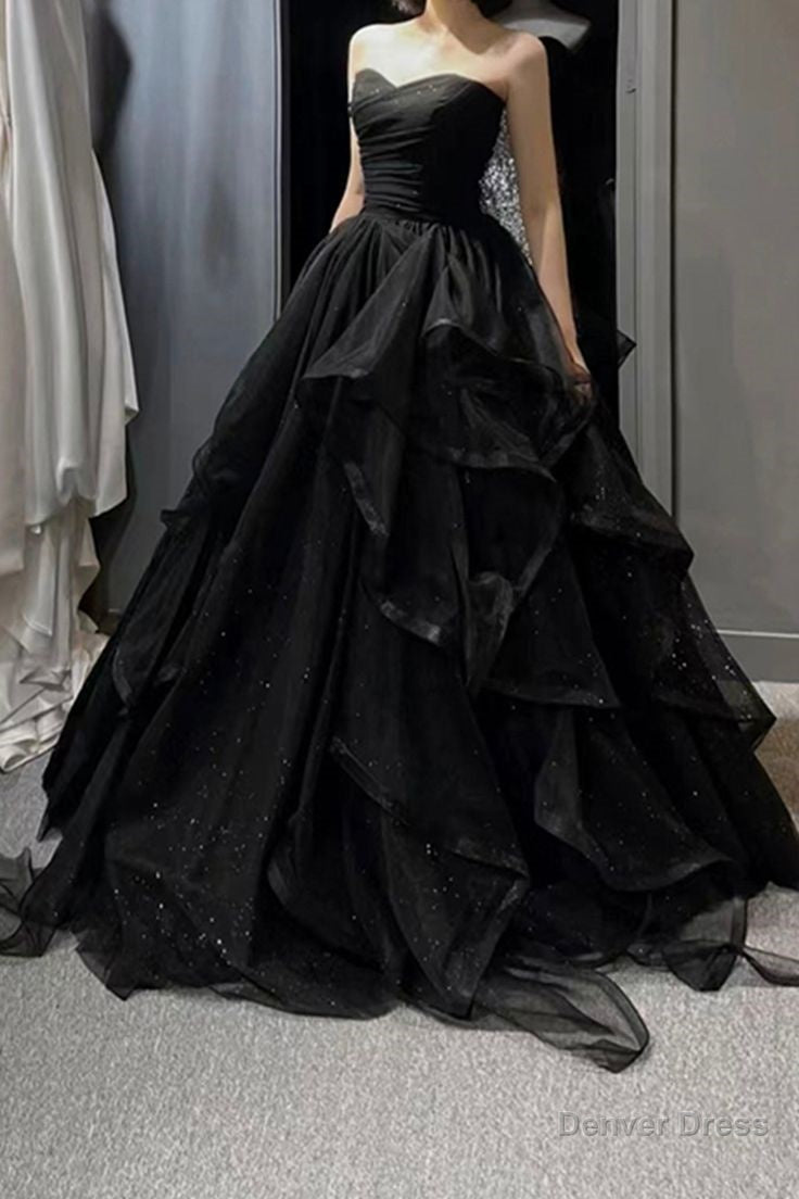 Vintage A Line Strapless Sleeveless Long Black Prom Dresses