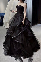 Vintage A Line Strapless Sleeveless Long Black Prom Dresses