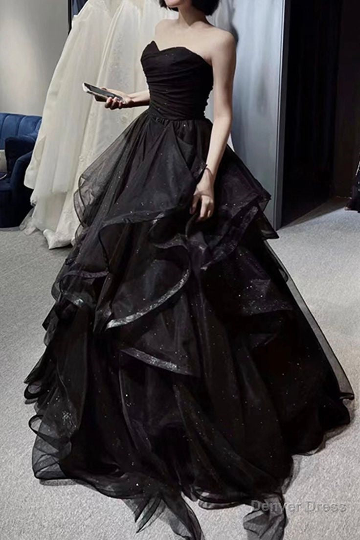 Vintage A Line Strapless Sleeveless Long Black Prom Dresses