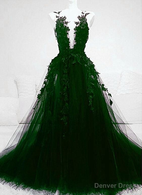 A line Green Tulle With Lace Deep Neckline Backless Prom Dress Main image