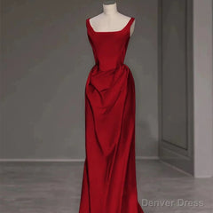 Sexy Mermaid Square Neckline Red Satin Floor Length Prom Dresses