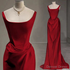 Sexy Mermaid Square Neckline Red Satin Floor Length Prom Dresses