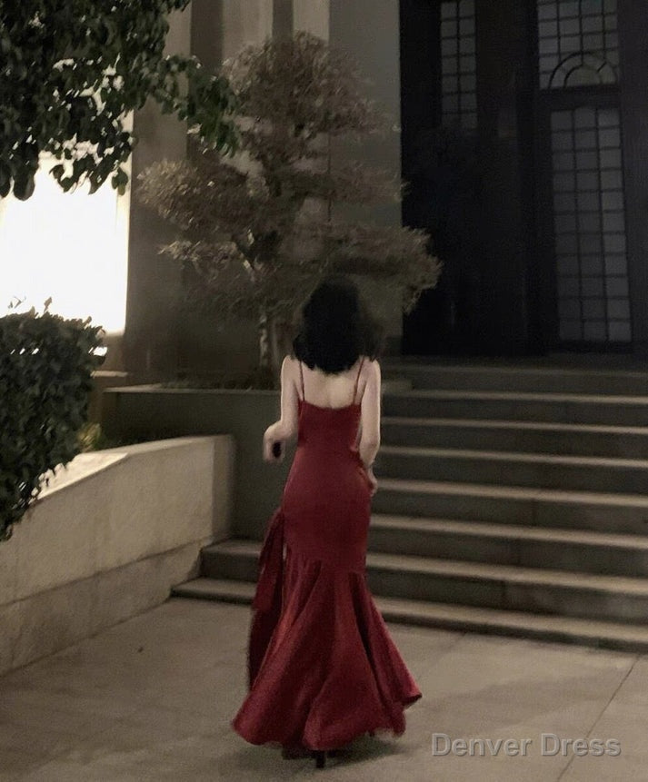 Stunning Mermaid Spaghetti Straps Long Wine Red Prom Dress Birthday Outfits