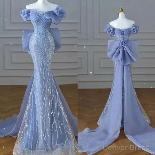 Sparkly Blue Prom Dresses With Bow Sequins Off The Shoulder Prom Dress Secondary image