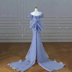 Sparkly Blue Prom Dress With Bow Sequins Off The Shoulder Prom Dresses