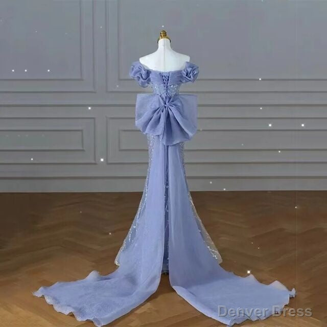 Sparkly Blue Prom Dress With Bow Sequins Off The Shoulder Prom Dresses