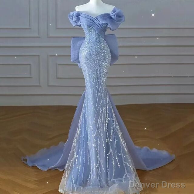Sparkly Blue Prom Dress With Bow Sequins Off The Shoulder Prom Dresses