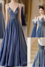 Blue V Neckline Straps Low Back A Line Prom Dress, Blue Long Prom Dresses