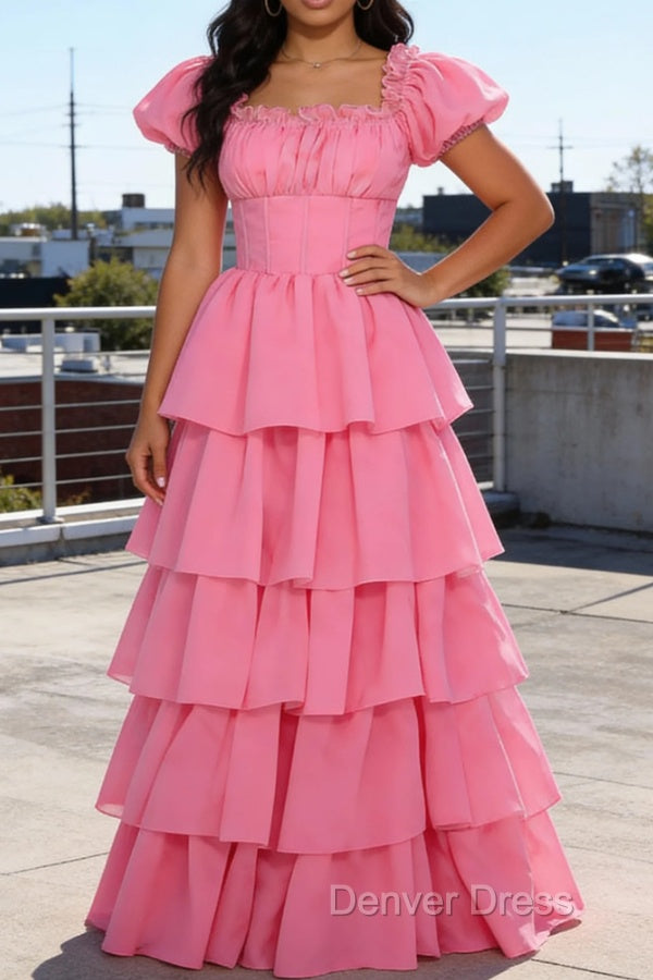 Pink A Line Square Neck Tiered Prom Dresses With Ruffles