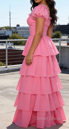 Pink A Line Square Neck Tiered Prom Dresses With Ruffles