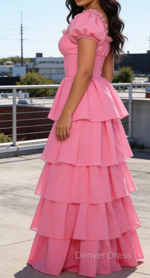 Pink A Line Square Neck Tiered Prom Dresses With Ruffles