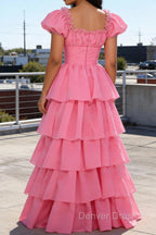 Pink A Line Square Neck Tiered Prom Dresses With Ruffles