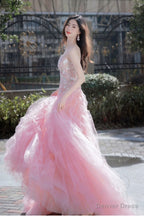 Pink Organza Strapless Pink Lace Floral Long Prom Dress, Pink Lace Prom Dresses, Pink Ball Gowns
