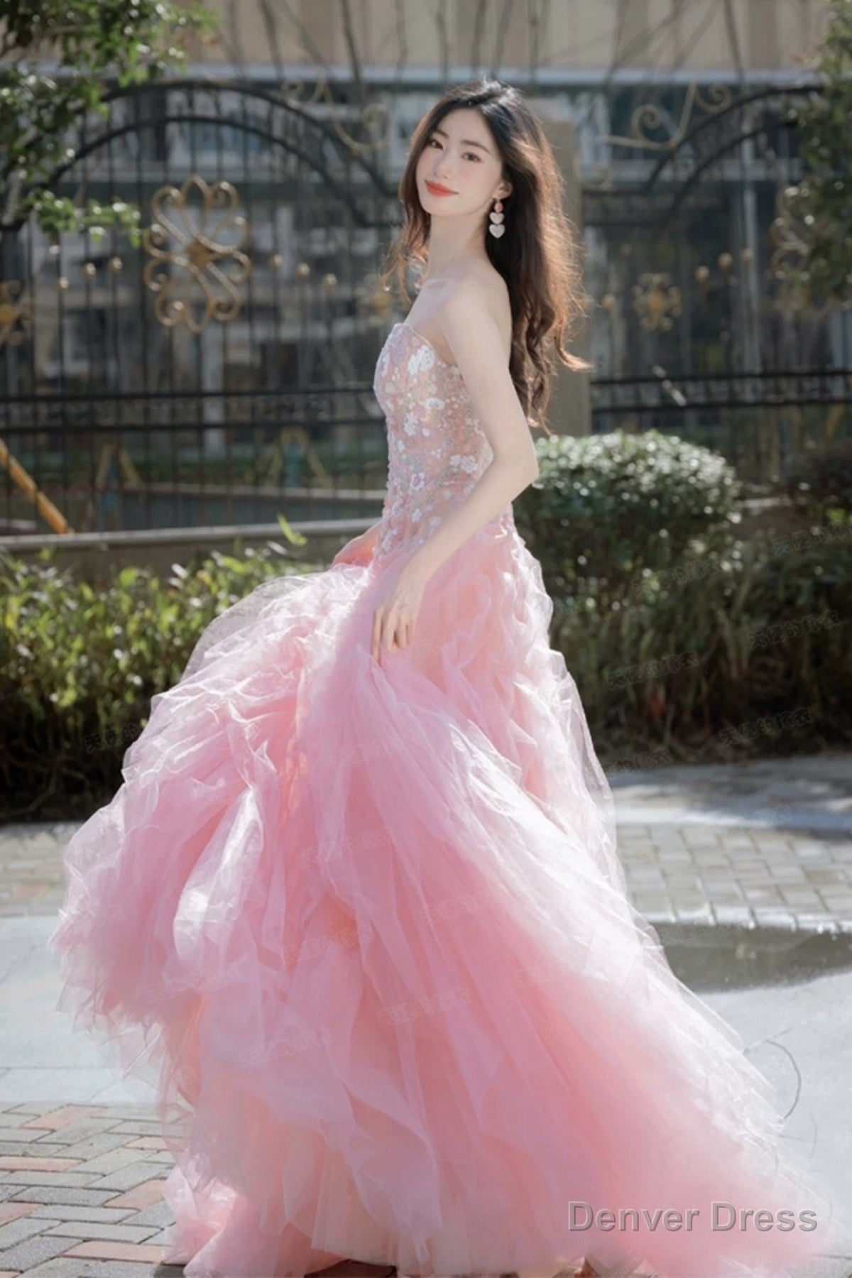 Pink Organza Strapless Pink Lace Floral Long Prom Dress, Pink Lace Prom Dresses, Pink Ball Gowns Secondary image