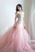 Pink Organza Strapless Pink Lace Floral Long Prom Dress, Pink Lace Prom Dresses, Pink Ball Gowns