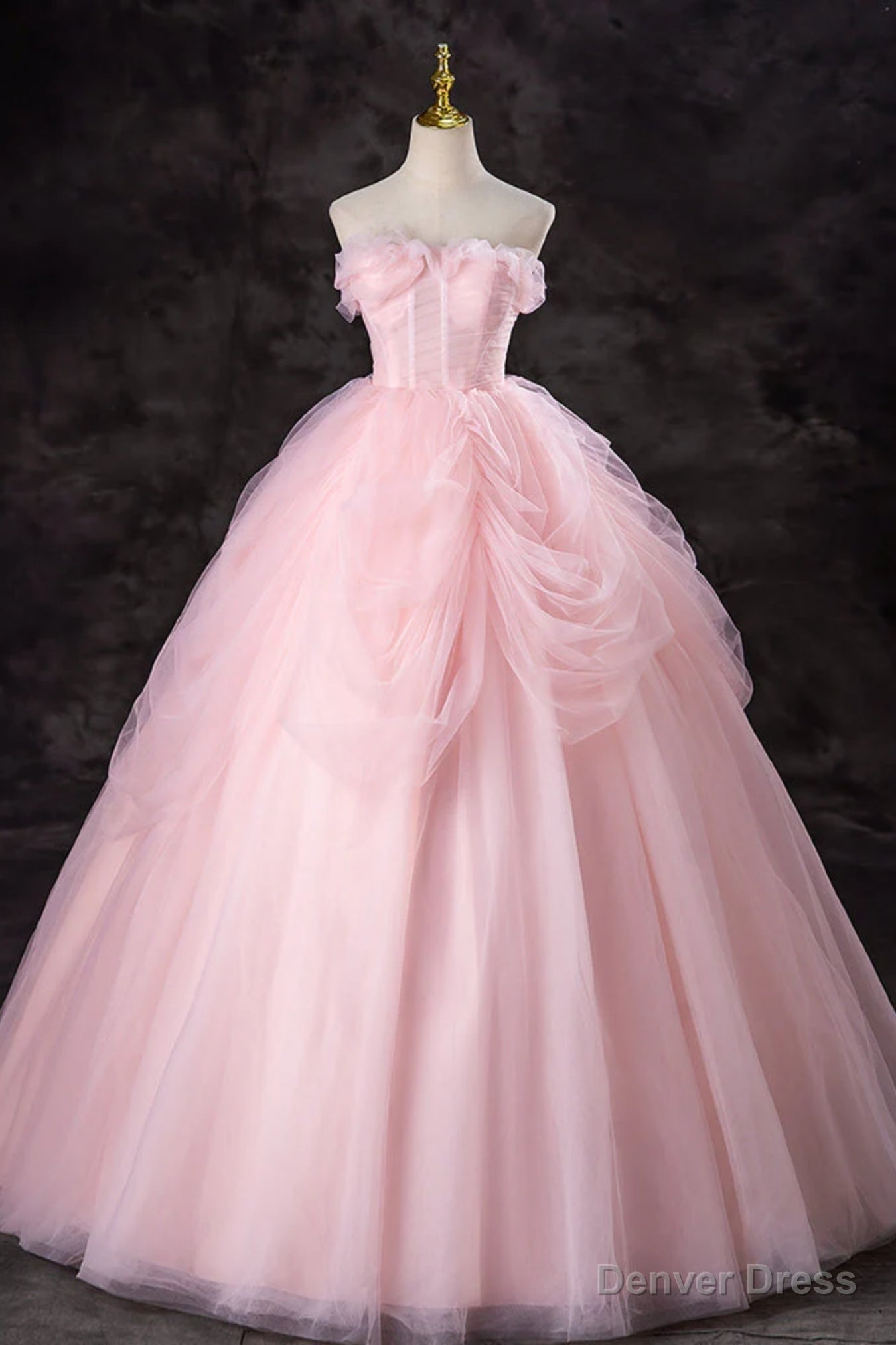 Pink Tulle Gorgeous Strapless Long Prom Dresses, Long Pink Formal Evening Dresses, Pink Ball Gown Main image