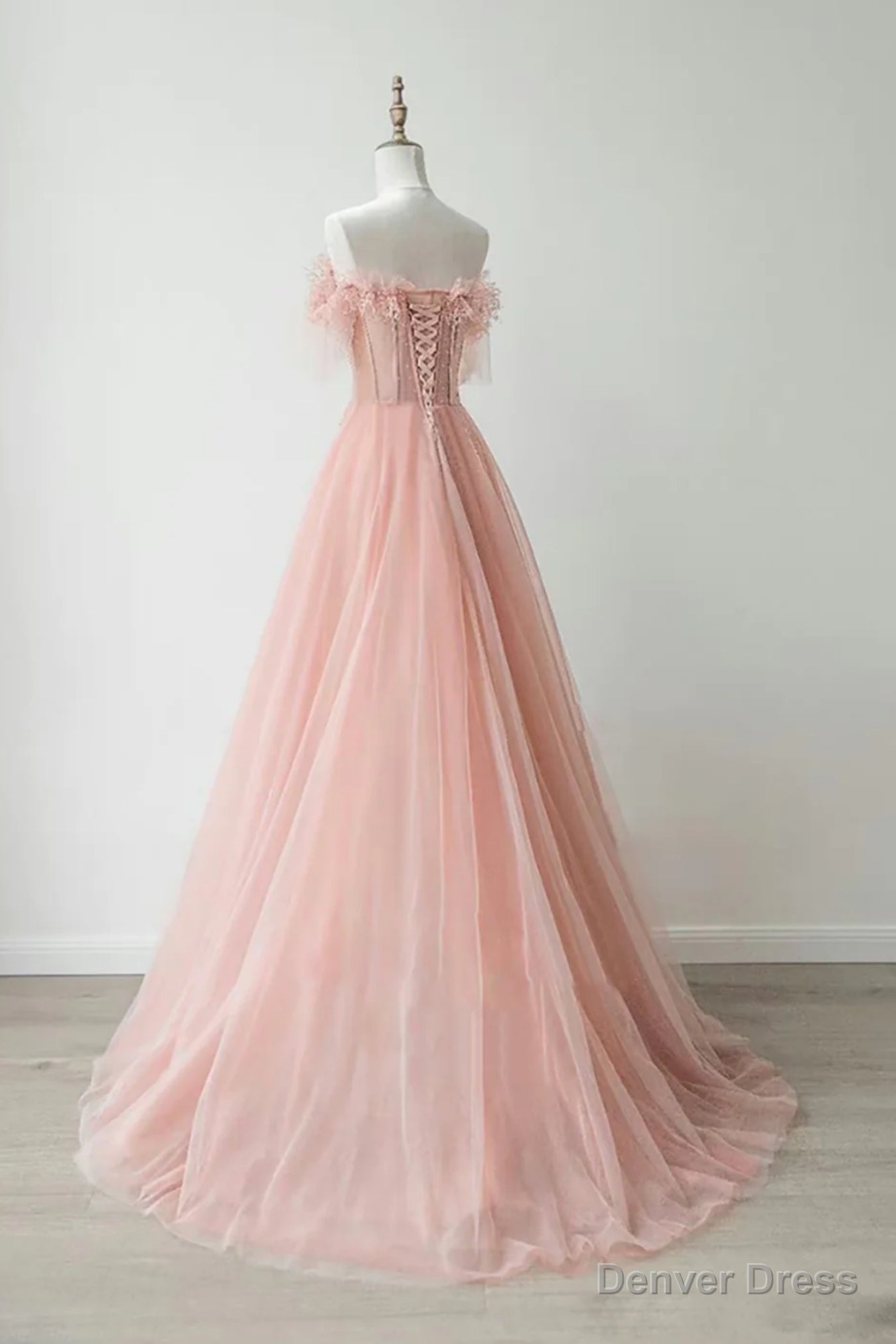 Pink Tulle Strapless Lace Long Prom Dresses, Pink Lace Formal Dresses, Long Pink Evening Dresses