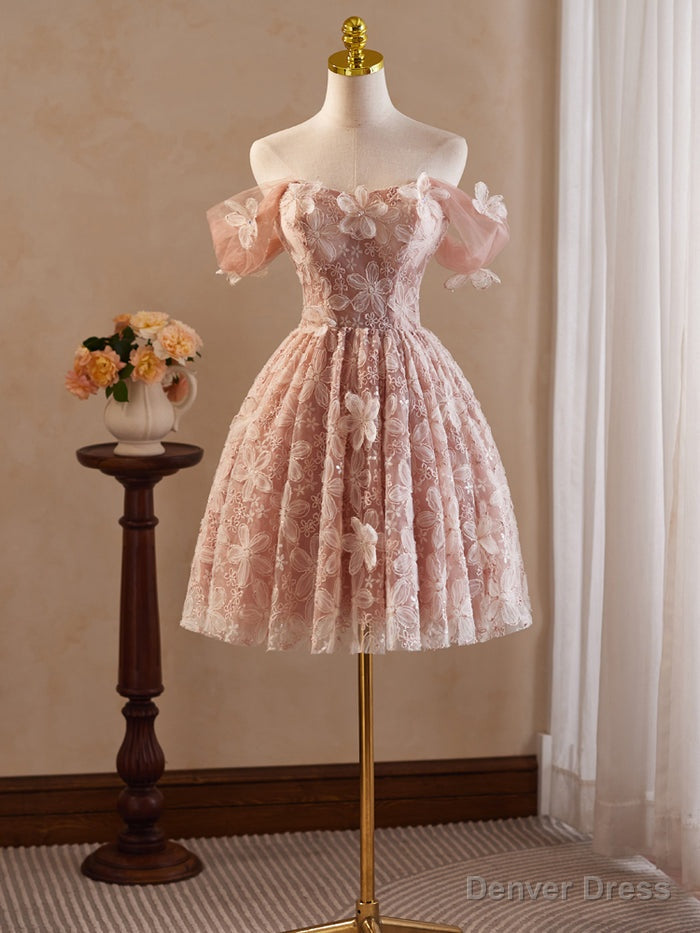 Pink Vintage Off the Shoulder Flower Appliques Homecoming Dress Main image
