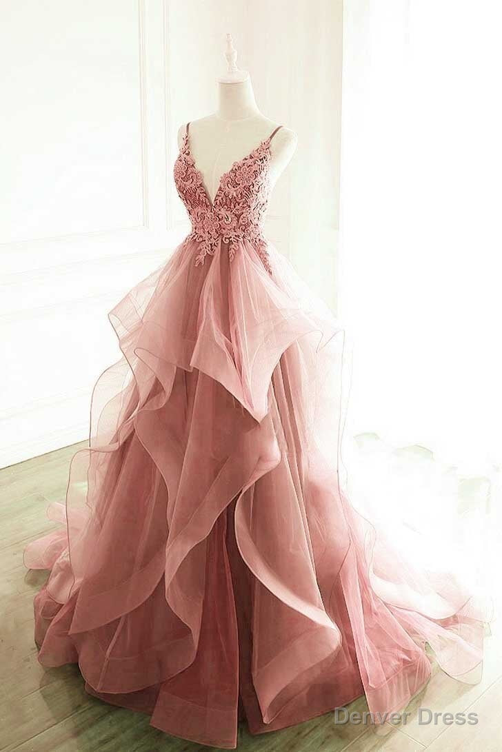 Princess Dark Pink Tulle Long With Lace Ruffle A Line Prom Dresses