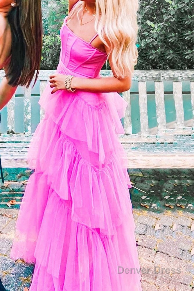 Fashion Hot Pink Layered Ruffles Prom Gowns A Line Tulle Long Prom Dresses
