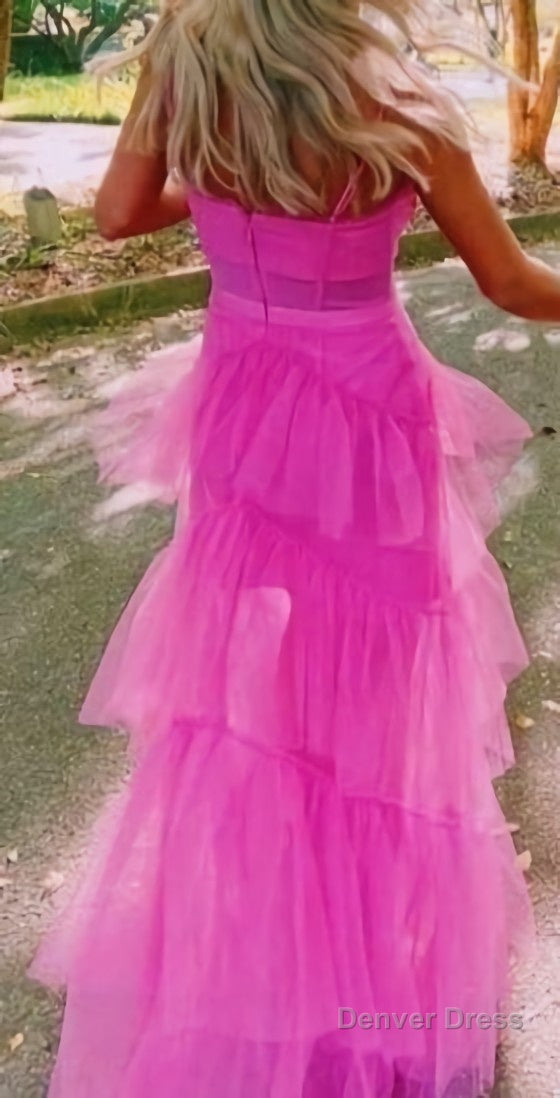 Fashion Hot Pink Layered Ruffles Prom Gowns A Line Tulle Long Prom Dresses