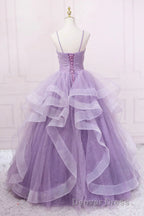 Princess Lavender Sparkly Spaghetti Straps Long Prom Dresses Floor Length Evening Gown
