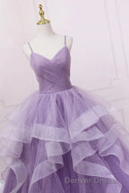 Princess Lavender Sparkly Spaghetti Straps Long Prom Dresses Floor Length Evening Gown