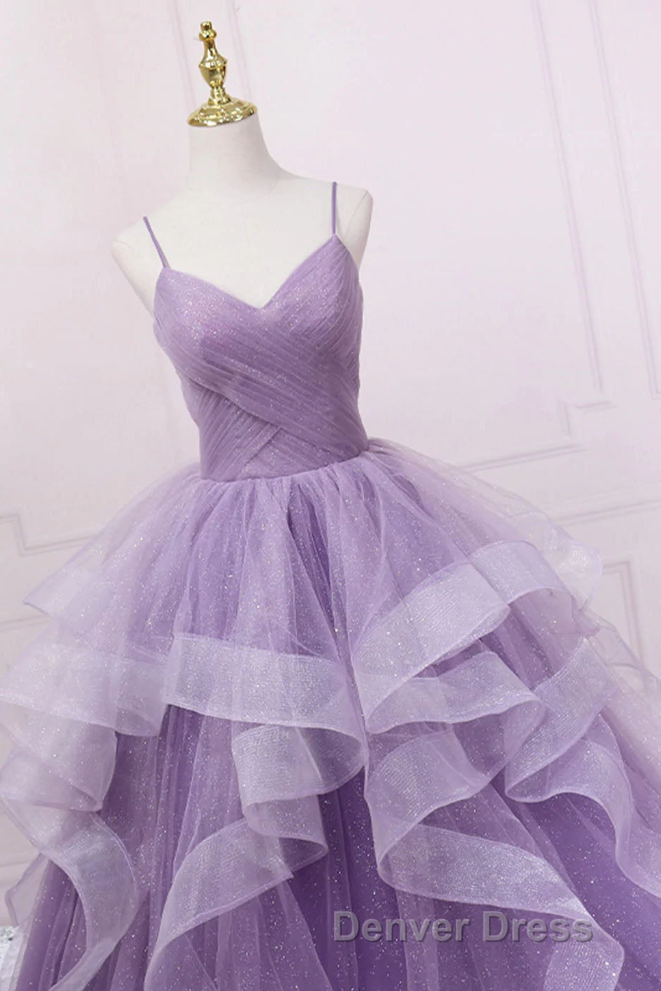 Princess Lavender Sparkly Spaghetti Straps Long Prom Dresses Floor Length Evening Gown