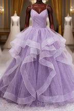 Princess Lavender Sparkly Spaghetti Straps Long Prom Dresses Floor Length Evening Gown