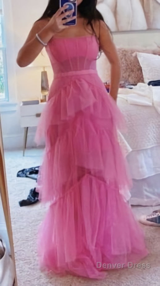 Fashion Hot Pink Layered Ruffles Prom Gowns A Line Tulle Long Prom Dresses Secondary image