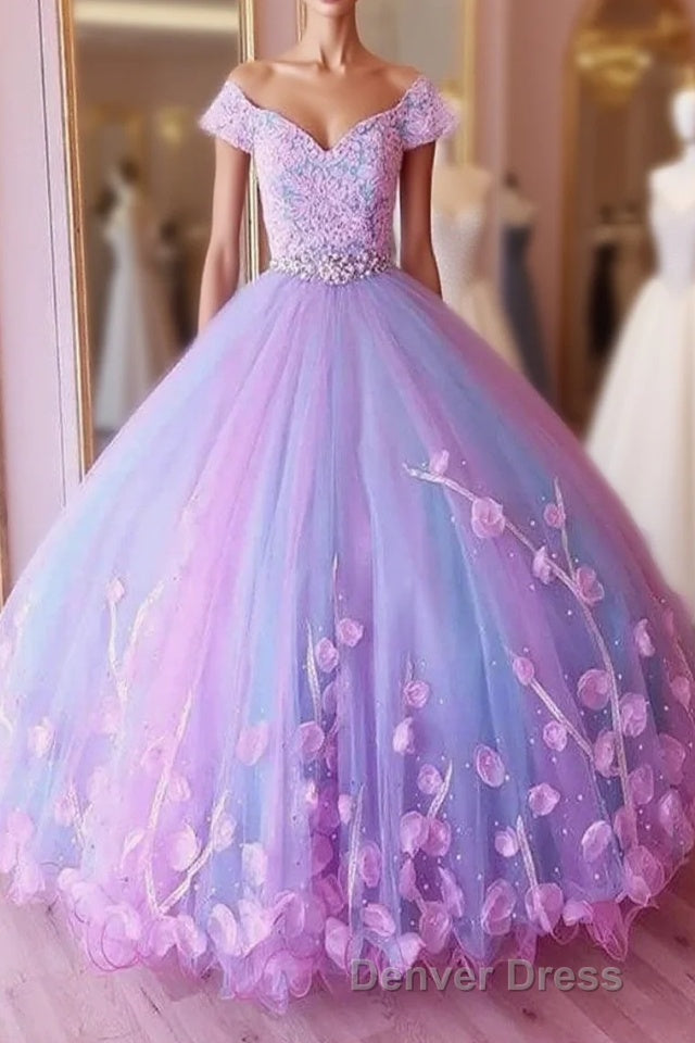 Princess Pink and Blue Ball Gown Prom Dresses with Flowers, Quinceanera Dresses Main image