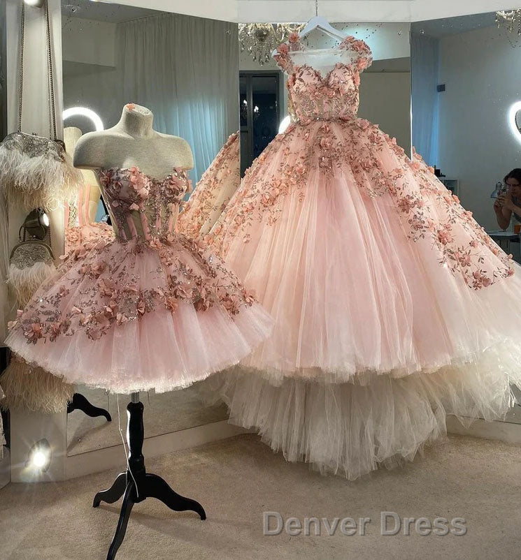 Princess Sparkly Sweetheart Prom Dress with 3d Flowers, Pink Quinceanera Dresses Secondary image