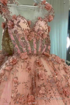 Princess Sparkly Sweetheart Prom Dress with 3d Flowers, Pink Quinceanera Dresses