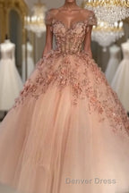 Princess Sparkly Sweetheart Prom Dress with 3d Flowers, Pink Quinceanera Dresses