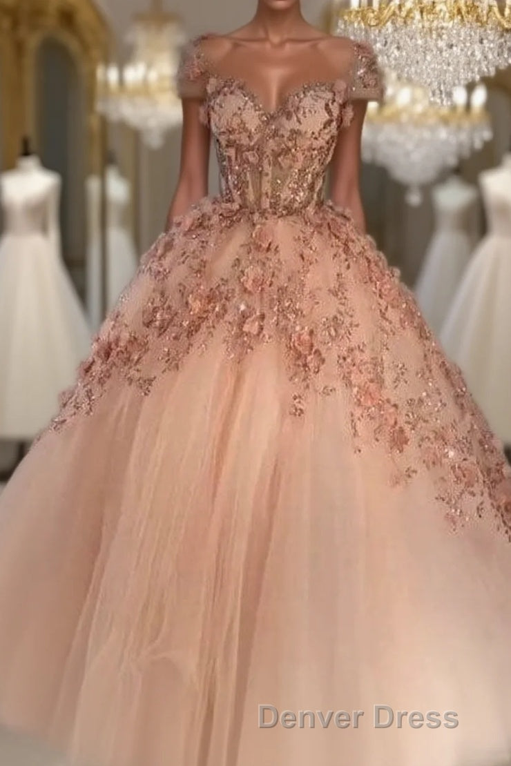 Princess Sparkly Sweetheart Prom Dress with 3d Flowers, Pink Quinceanera Dresses