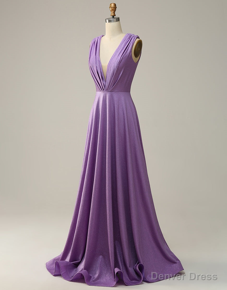 Purple A-Line V-Neck Long Glitter Prom Dress With Pleating