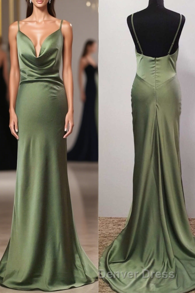 Olive Green Cowl Neck Trump Long Prom Dresses Main image