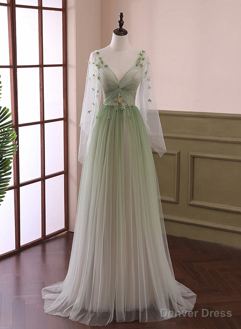 Beautiful Gradient Tulle Green Beaded Long Sleeves Prom Dress, Green Prom Dresses