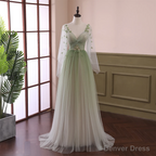 Beautiful Gradient Tulle Green Beaded Long Sleeves Prom Dress, Green Prom Dresses