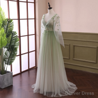 Beautiful Gradient Tulle Green Beaded Long Sleeves Prom Dress, Green Prom Dresses